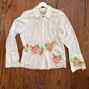 Vintage Johnny Was Sheer Embroidered Floral Button Up Blouse Size S Y2K White